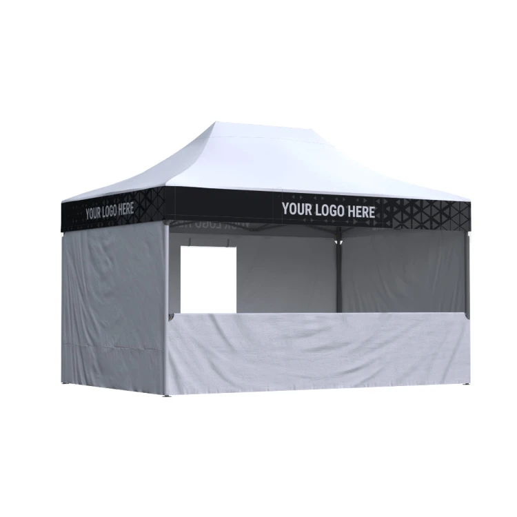 Namiot reklamowy 3x4,5 z nadrukiem na falbanach, 3 ściany bez nadruku + półbok