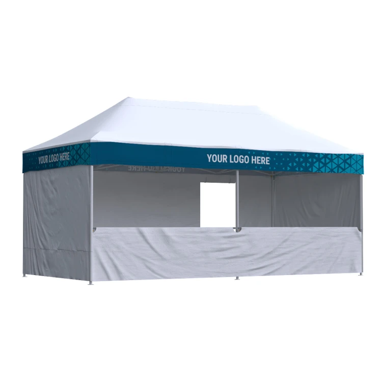 Namiot reklamowy 3x6 Octa Optima II z nadrukiem na falbanach, 2 ściany bez nadruku + drzwi + półbok