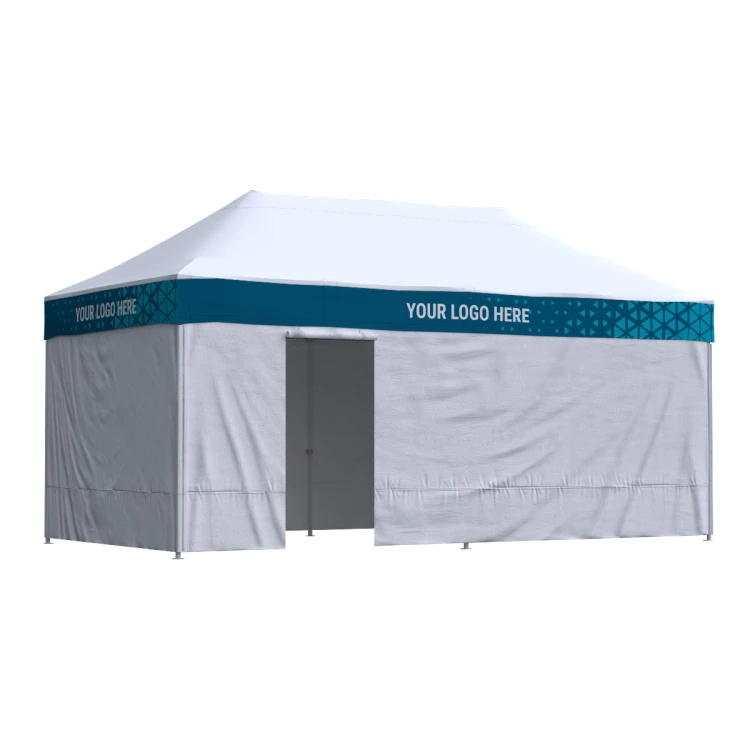 Namiot reklamowy 3x6 Octa Optima II z nadrukiem na falbanach, 3 ściany bez nadruku + drzwi